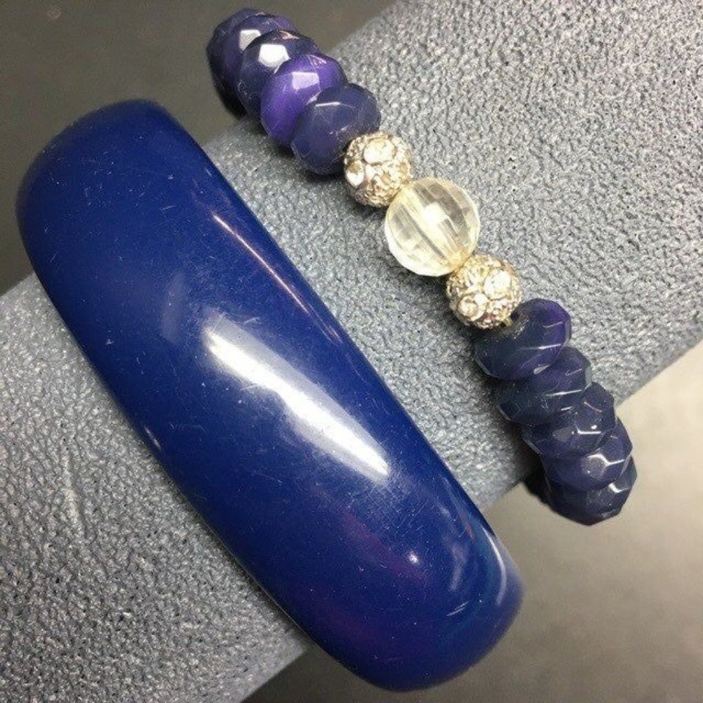 Dark Blue Bracelet Lot As Is Bangle Stretch Navy Purple Rhinestone Silver Retro